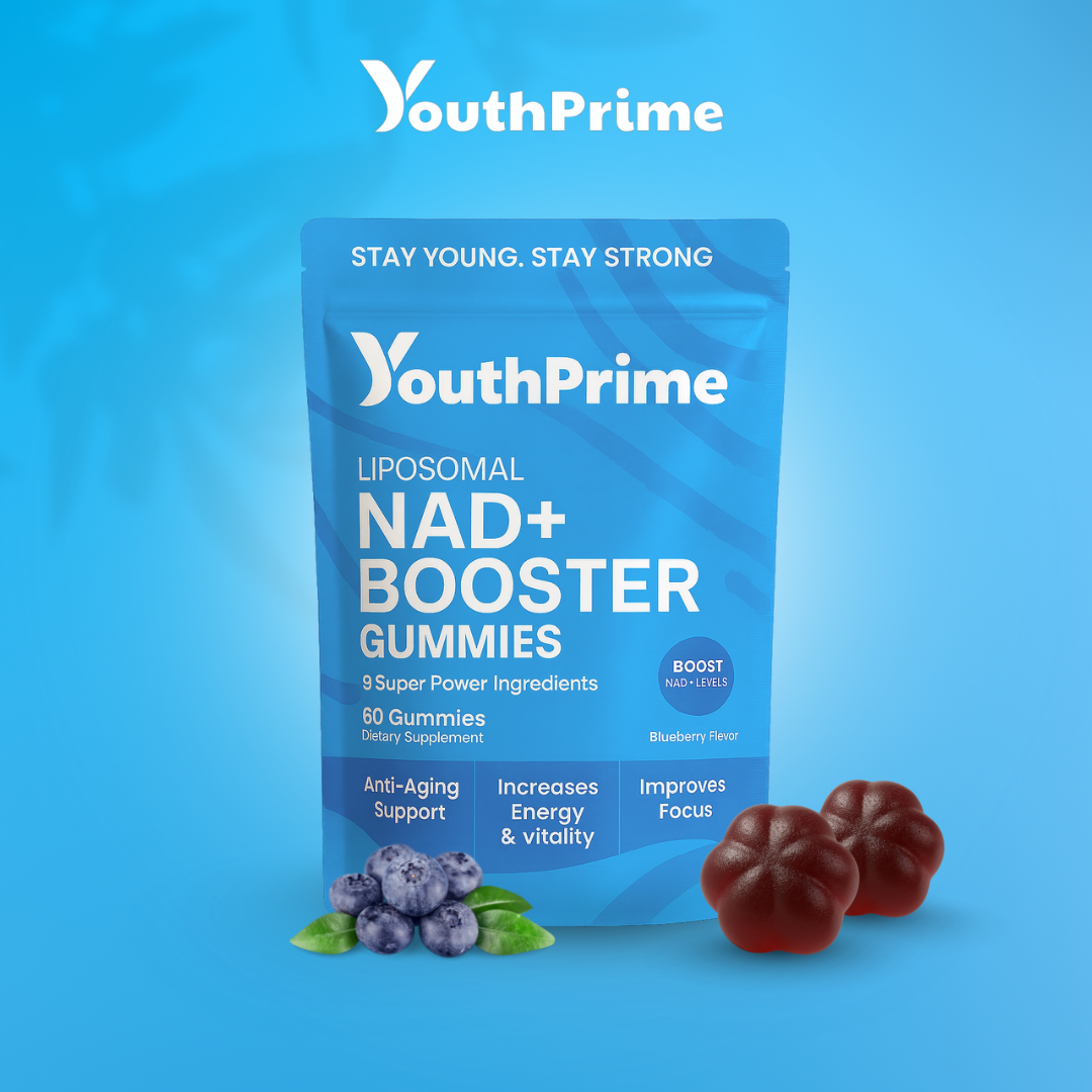 The YouthPrime Liposomal NAD+ Booster Gummies pouch with blueberries and two gummies