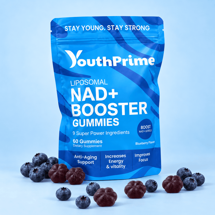 The blue YouthPrime NAD+ Booster Gummies pouch with dark gummies and fresh blueberries on a pastel blue background