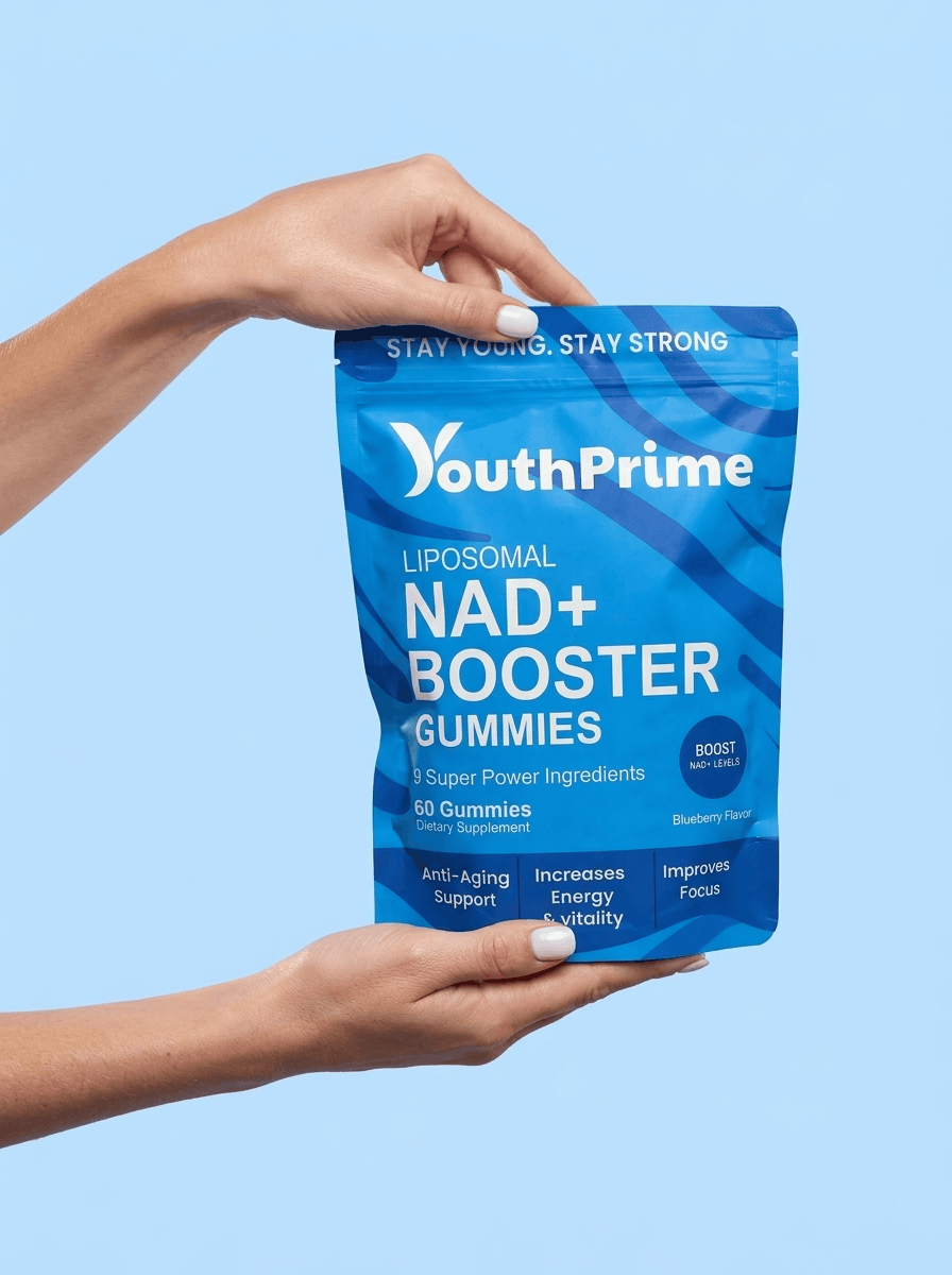 Two hands hold up the blue YouthPrime NAD+ Booster Gummies pouch on a light blue background
